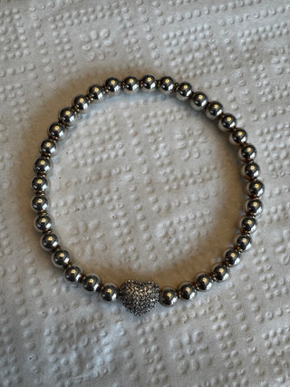 Pave Silver Heart Beaded Bracelet
