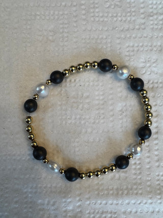 Black/ 14K Gold and Pearl Beaded Bracelet