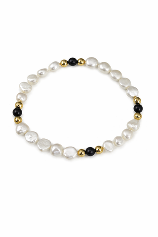 Fresh Water Pearl Mat Black Onyx And Gold Beaded Bracelet
