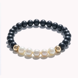 Black Onyx, Pearl and Gold Beaded Bracelet